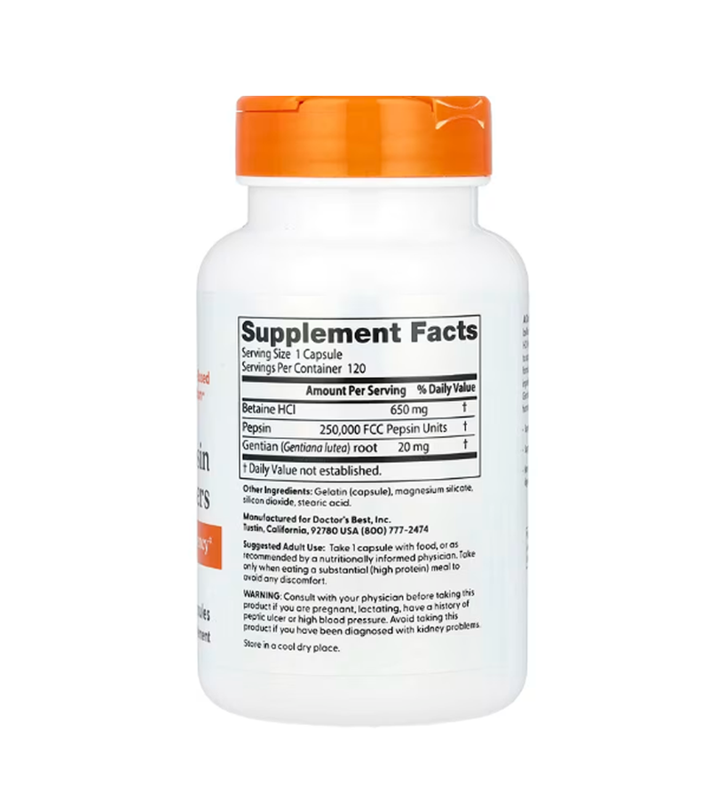 Betaine HCl Pepsin and Gentian Bitters - 120 Capsules