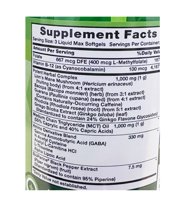 Brain Up with L-Theanine, Bacopa, B-12, MCT - 60 Liquid Max Softgels