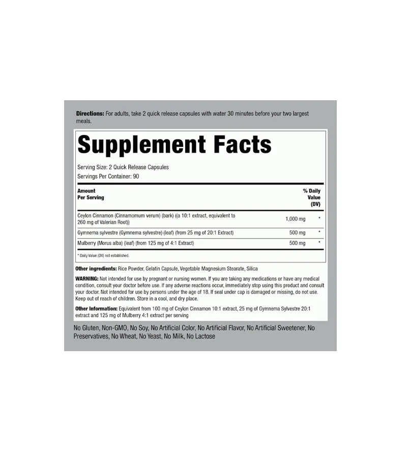 Ceylon Cinnamon Gymnema Mulberry Complex 2000mg - 180 Capsules