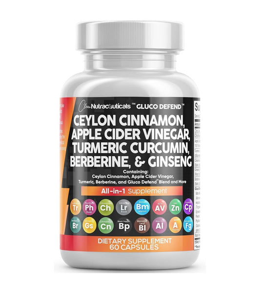 All In One Ceylon Cinnamon, Berberine, Turmeric Curcumin , Apple Cider Vinegar Complex - 60 Capsules