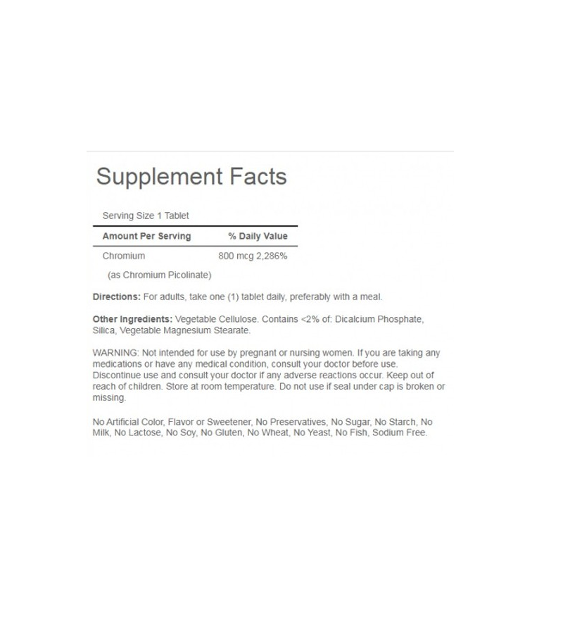 Chromium Picolinate - 800 mcg Yeast Free - 90 Tablets