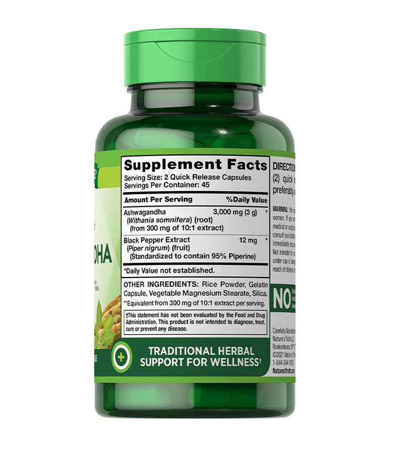 Extra Strength Ashwagandha 3,000 mg - 90 Quick Release Capsules