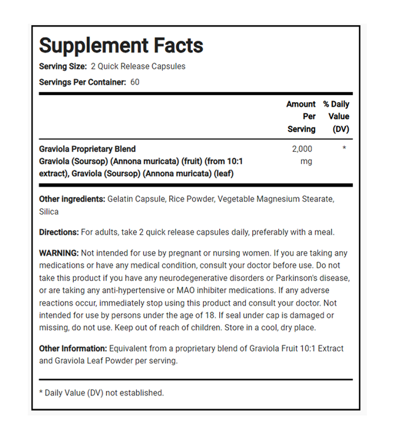 Graviola Soursop, 2000 mg (per serving) - 120 Quick Release Capsules