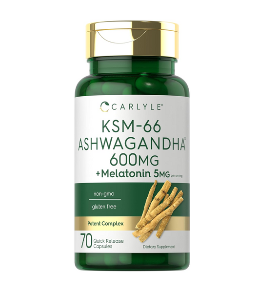 KSM-66 Ashwagandha 600mg with Melatonin 5mg - 70 Capsules