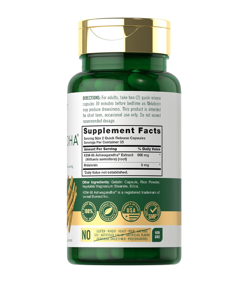 KSM-66 Ashwagandha 600mg with Melatonin 5mg - 70 Capsules