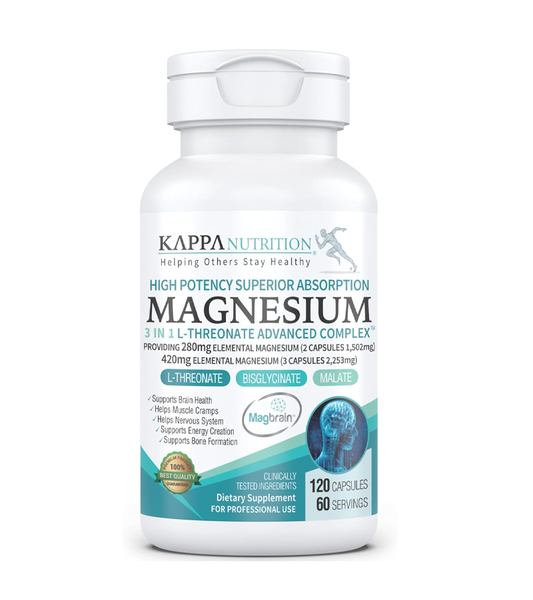 Kappa Magnesium, L-Threonate Bisglycinate Chelate, Malate, for Brain, Sleep, Stress, Cramps, Headaches - 120 Capsules