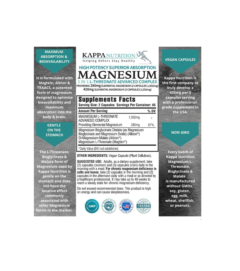 Kappa Magnesium, L-Threonate, Bisglycinate Chelate and Malate - 90 Capsules