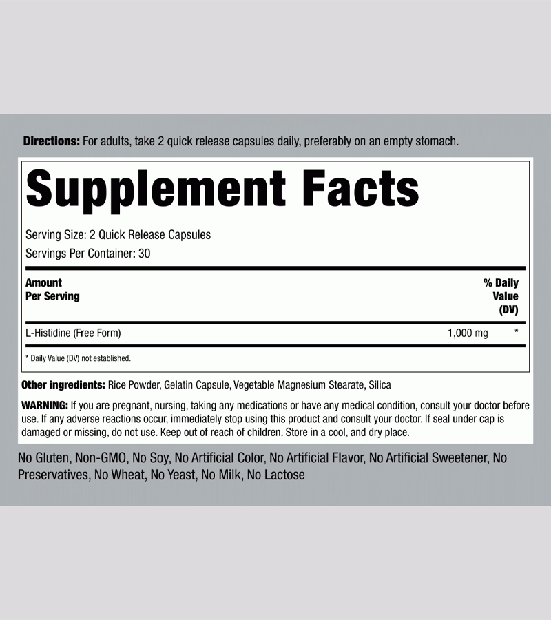 L-Histidine 1000 mg (per serving) - 60 Quick Release Capsules