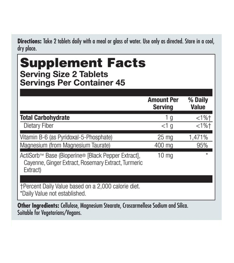 Magnesium Taurate 400mg Plus CoEnzyme Vitamin B6 - 90 Tablets