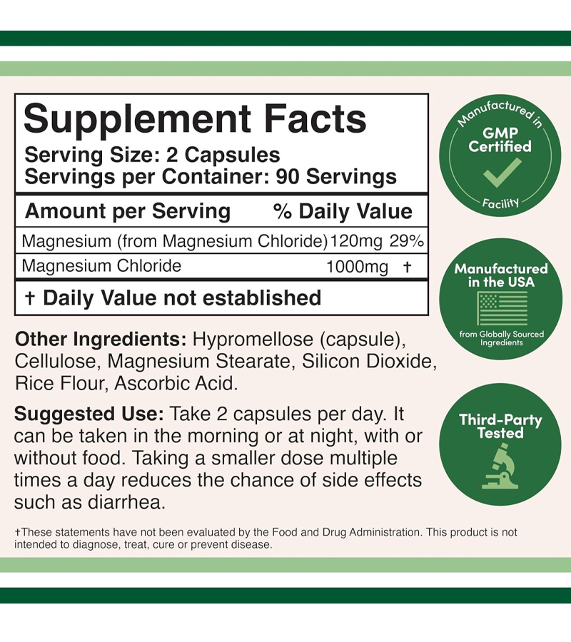Magnesium Chloride 1000mg Per Serving - 180 Capsules (Best Before 2/2026)