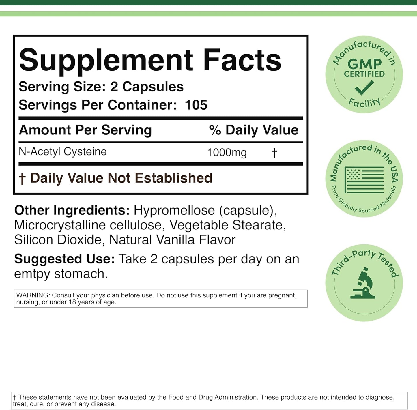 N-Acetyl Cysteine (NAC) 1000mg Per Serving - 210 Capsules
