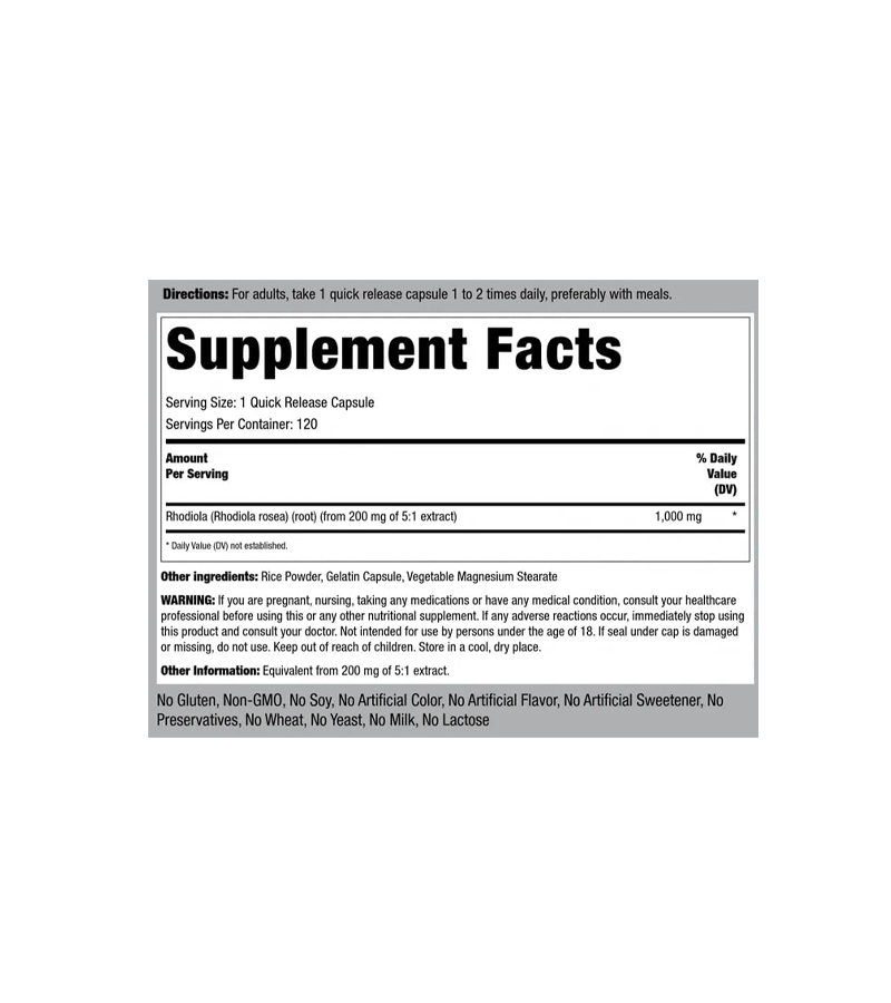 Rhodiola Root 1000 mg - 120 Quick Release Capsules