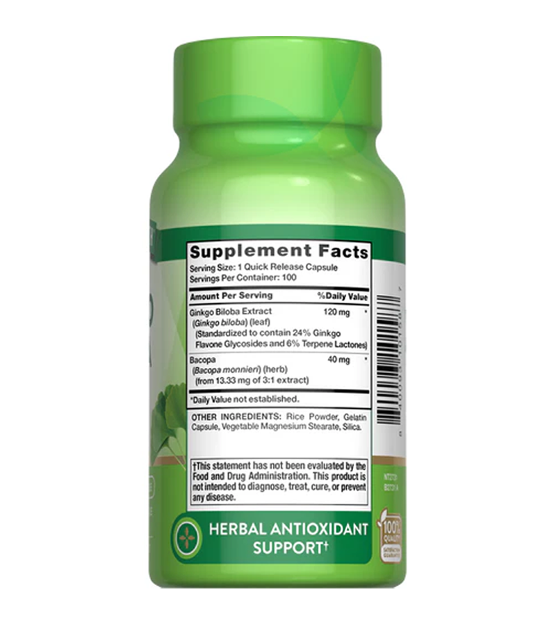 Standardized Ginkgo Biloba 120 mg plus Bacopa -100 Quick Release Capsules