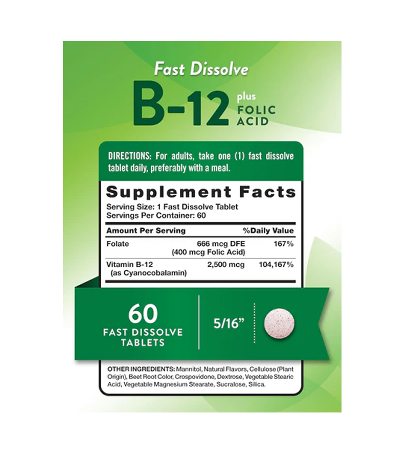 Vitamin B-12 2500 mcg with Folic Acid - 60 Fast Dissolve Tablets