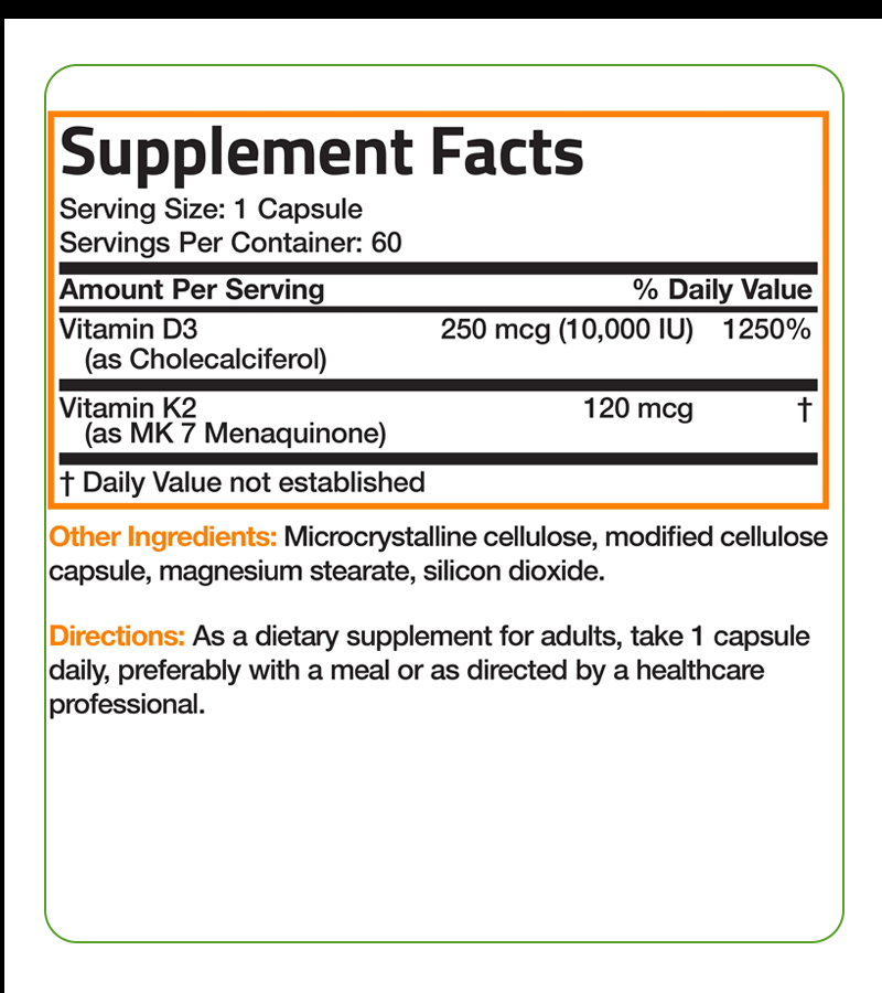Vitamin K2 MK-7 120 mcg + Vitamin D3 10,000 IU - 60 Capsules