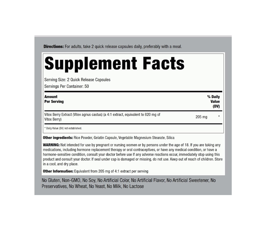 Vitex Chasteberry 820mg - 100 Capsules