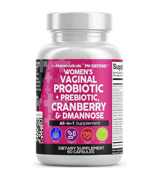 Women's Vaginal Probiotics with Cranberry, D-Mannose, Prebiotics For Feminine Health and PH Balance Support - 60 Capsules
