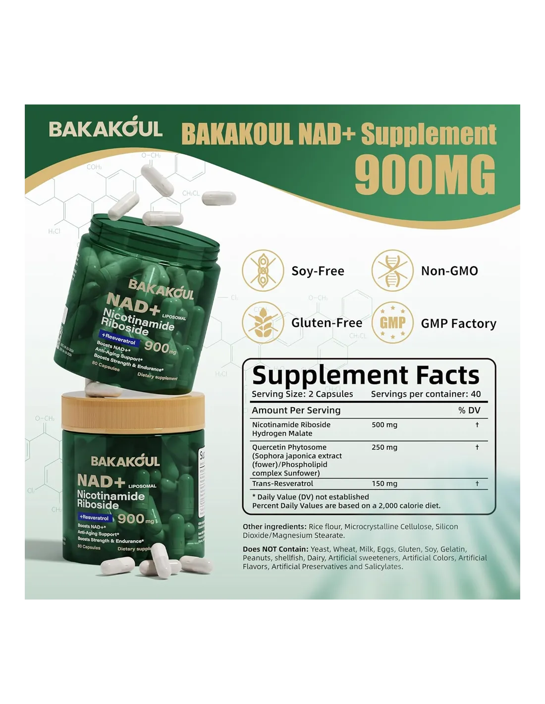 BAKAKOUL NAD+ Supplement - Liposomal Nicotinamide Riboside, Resveratrol - 80 Capsules