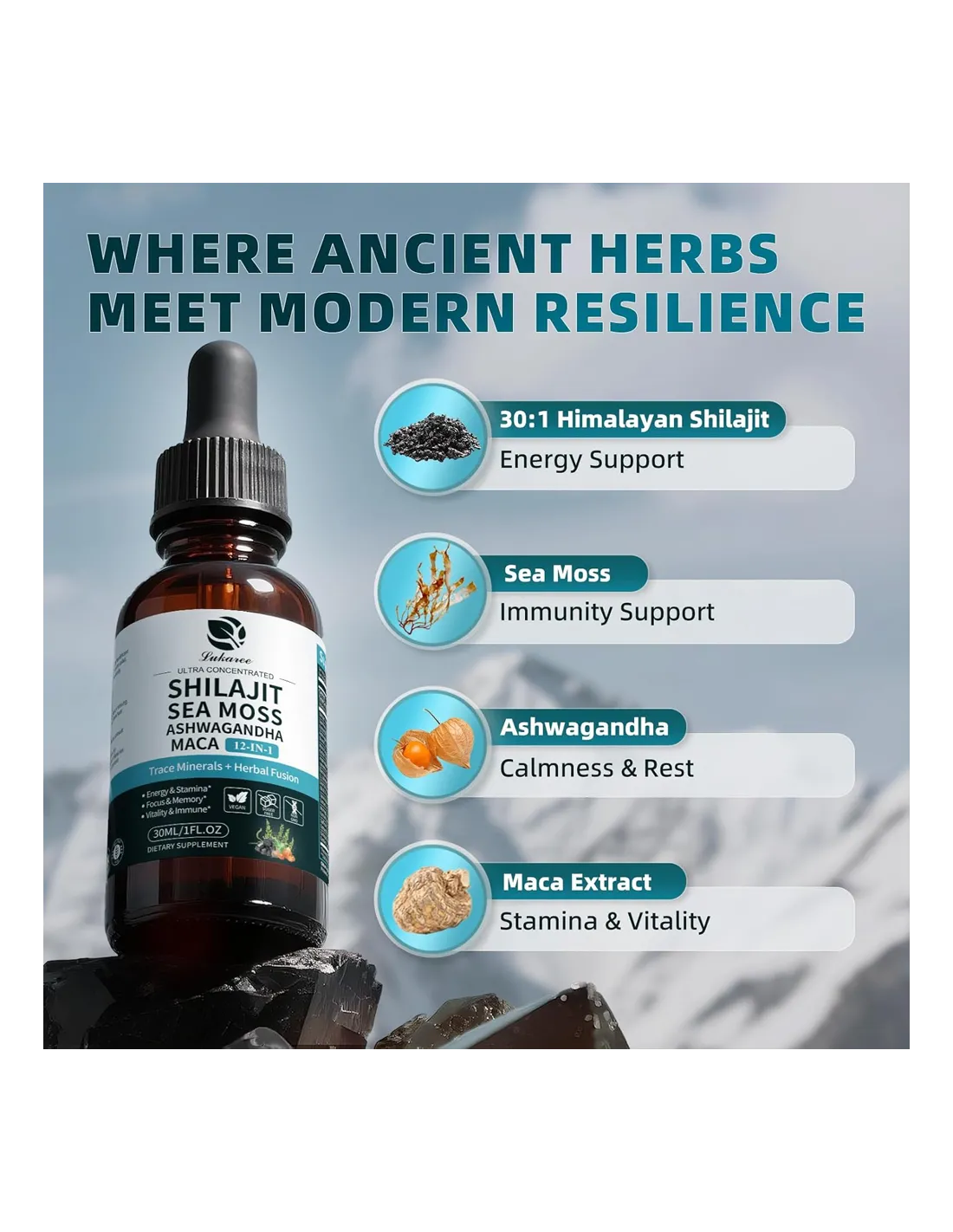 Lukaree Shilajit Liquid Drops with Sea Moss, Ashwagandha, Maca, Fulvic Acid, Trace Minerals -30 ml