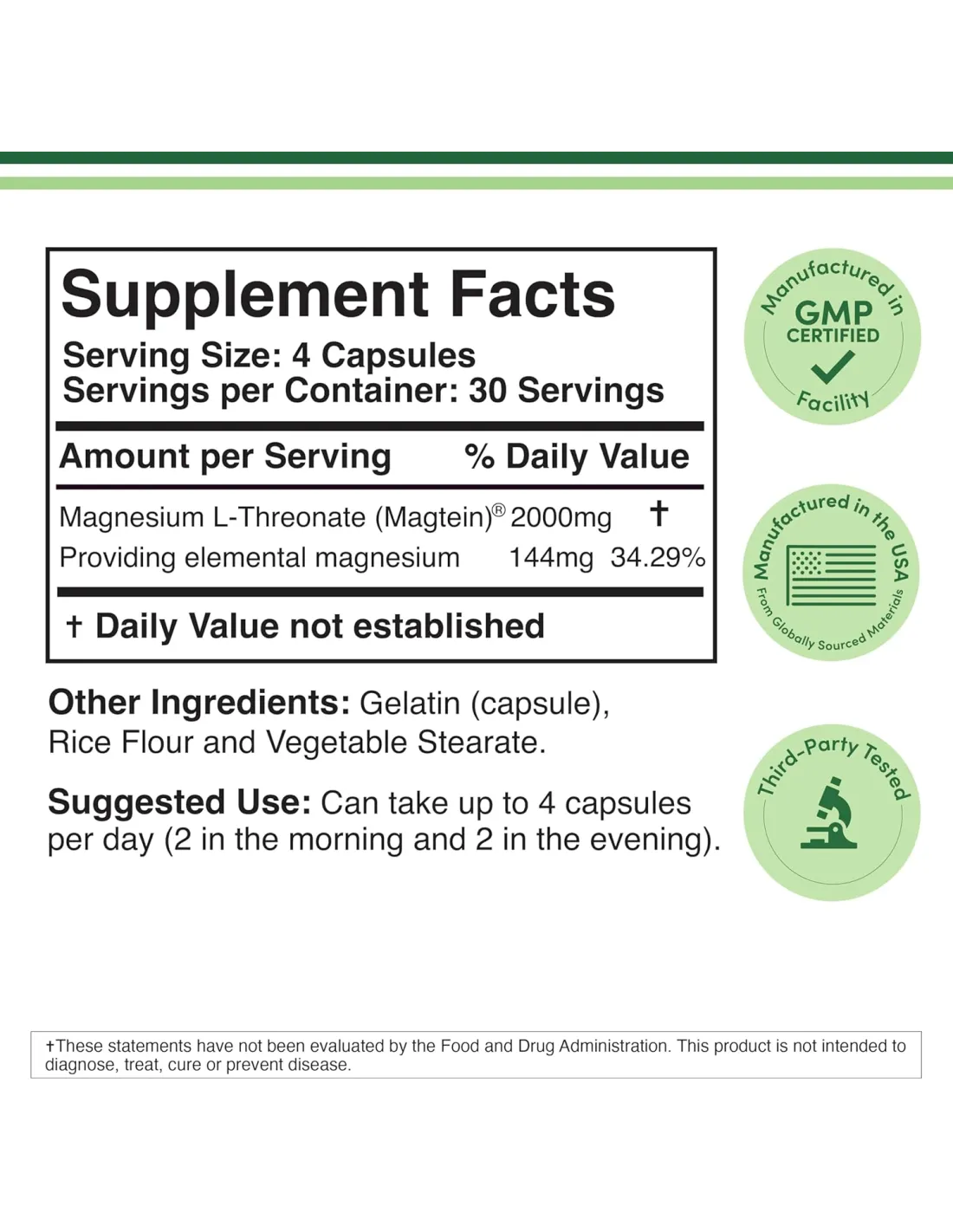 Magtein Magnesium L-Threonate, 2,000 mg - 120 Capsules